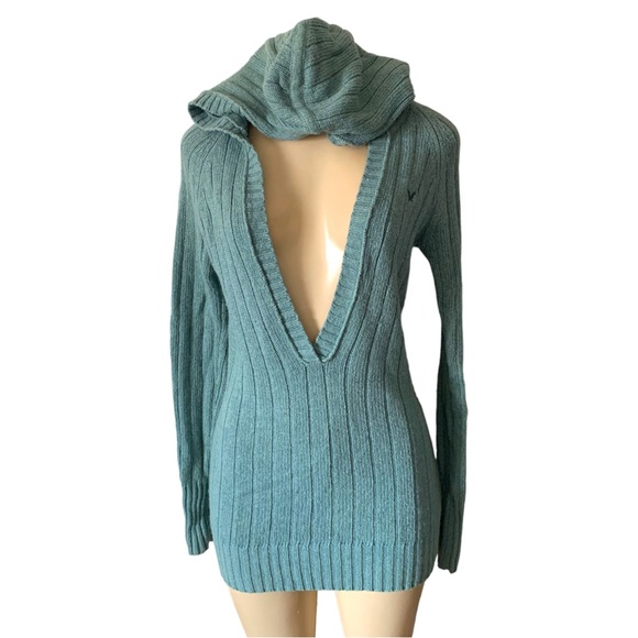 AEO Cable Knit Low V-Neck Hooded Long Fitted Sweater Top or Mini Dress - Picture 7 of 7